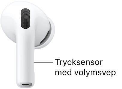 Trycksensorns placering med volymsvep på AirPods Pro 3 längs armen på vardera AirPod.