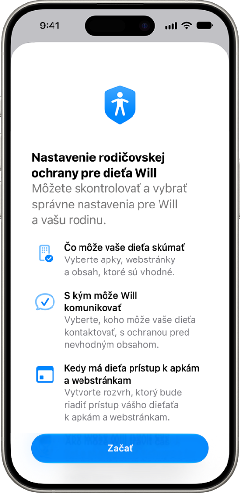 Obrazovka nastavenia rodičovskej ochrany s&nbsp;možnosťami, ako začať.
