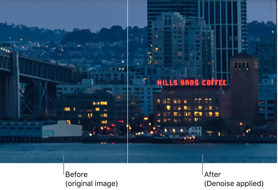 Split-view comparison of a photo in the canvas with and without the Denoise adjustment applied.