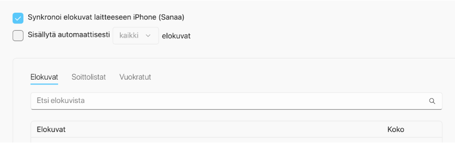 Synkronoi elokuvat laitteeseen ‑valintaneliö on valittu, ja sen alla on Sisällytä automaattisesti ‑ponnahdusvalikko.