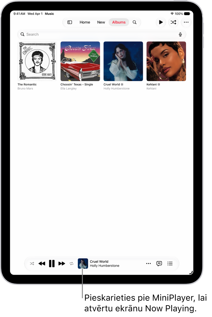 Cilne Albums, kuras apakšā ir redzams MiniPlayer. MiniPlayer parāda dziesmas nosaukumu, kas tiek atskaņota.