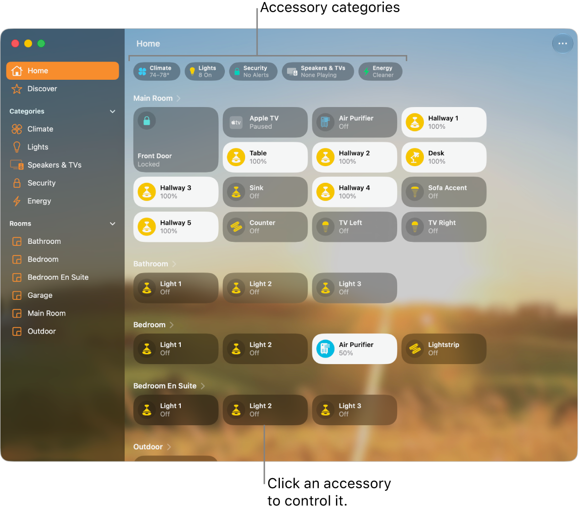 The Home screen displaying accessory categories along the top, followed by camera feeds, scene tiles, and accessory tiles in the room “Entry.”