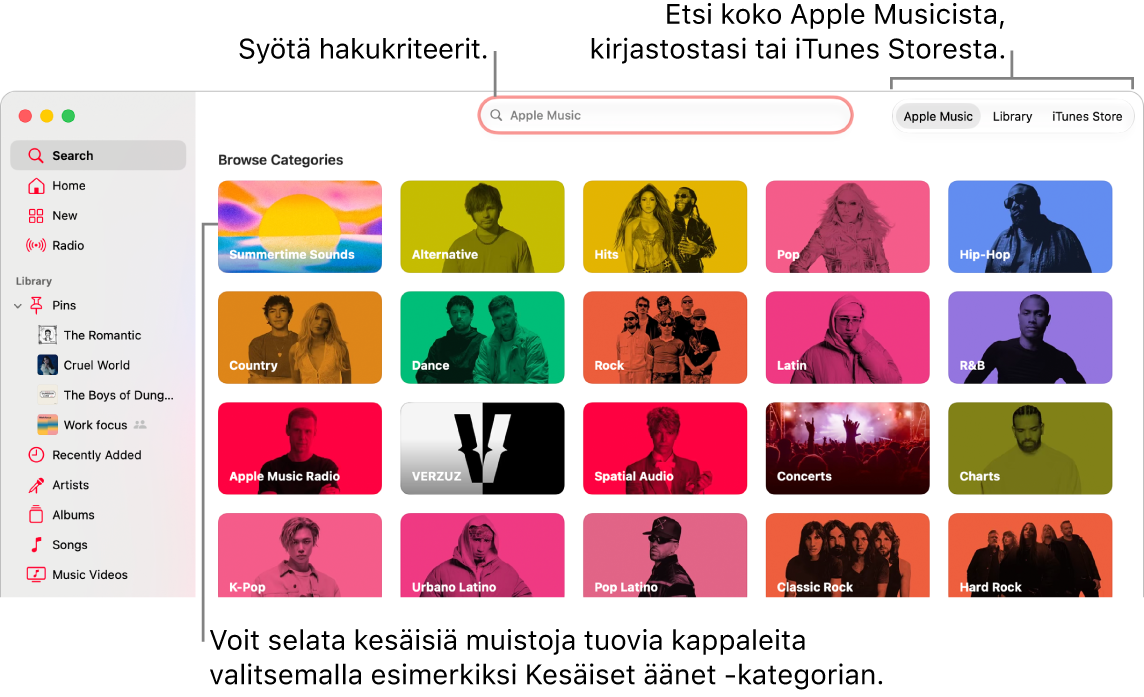 Applen Musiikki-apin ikkuna, jossa näkyy hakukenttiä, kategorialuettelo keskellä sekä Apple&nbsp;Music, Oma kirjasto ja iTunes&nbsp;Store oikeassa yläkulmassa. Syötä hakukriteerit hakukenttään ja valitse sitten, etsitäänkö koko Apple&nbsp;Musicista, vain kirjastostasi vai iTunes&nbsp;Storesta.
