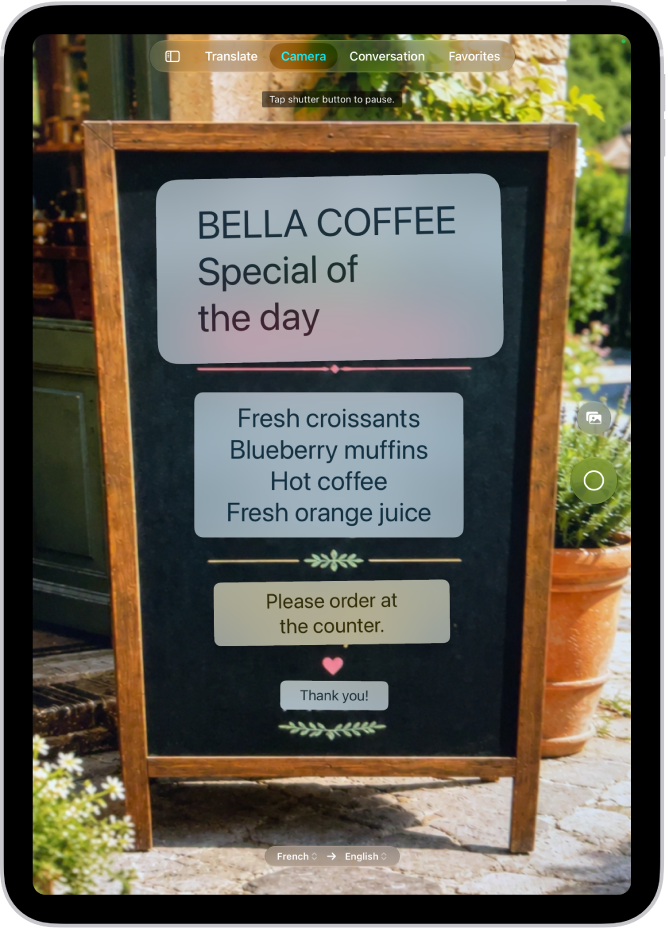 The Camera screen showing a menu at a restaurant with text translated from Spanish to English.