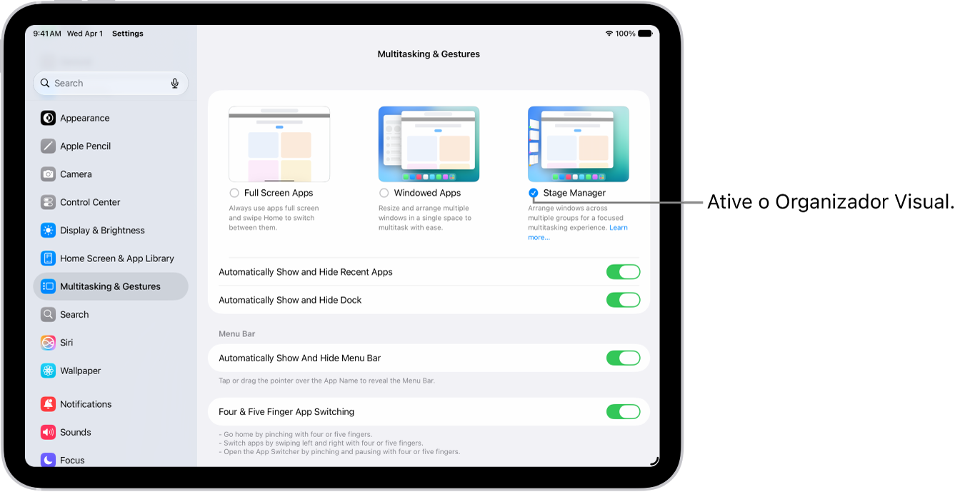 Ajustes do iPad mostrando as opções de Multitarefa e Gestos que servem para trabalhar em vários apps.