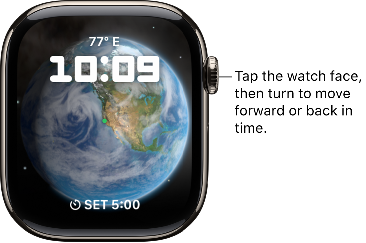 The Astronomy watch face, which displays the day, date, and current time. A timer complication is at the bottom. Tap the watch face, then turn the Digital Crown to move forward or back in time.