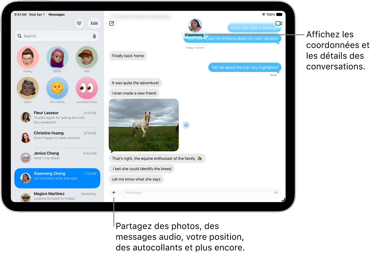 Une liste de conversations Messages sur la gauche et une transcription de conversation sur la droite. En haut, le fait de toucher l’icône d’un contact permet d’ouvrir les détails de sa conversation.