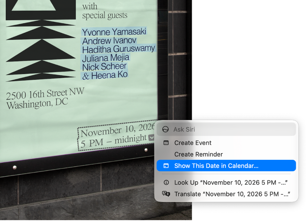 Photo of a sign featuring an event. The date and time are selected as Live Text and a menu appears with options to create an event, create a reminder, and more. Show This Date in Calendar is the selected option.
