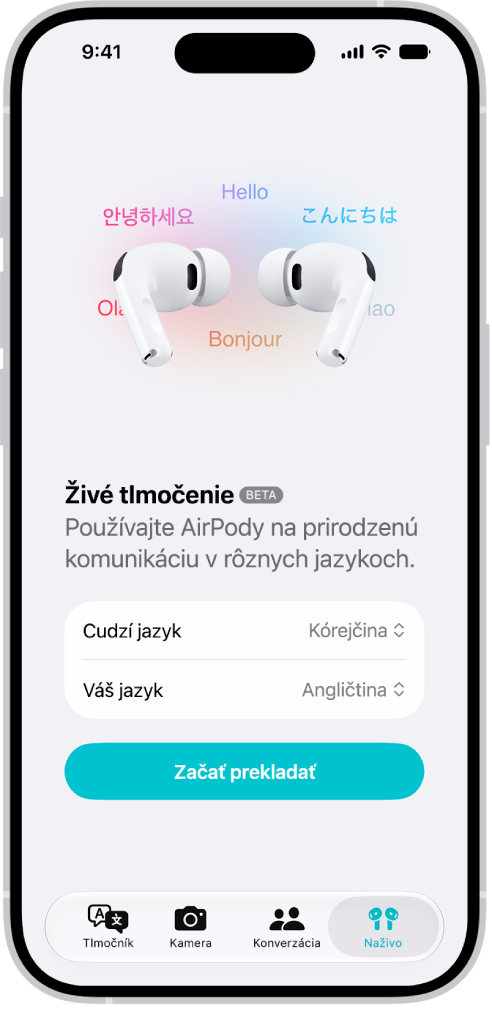 Apka Tlmočník na iPhone s&nbsp;otvorenou obrazovkou živého tlmočenia. Na obrazovke sú dve vyskakovacie menu na výber jazyka druhej osoby a&nbsp;vášho jazyka spolu s&nbsp;tlačidlom, ktorým sa živé tlmočenie spúšťa.