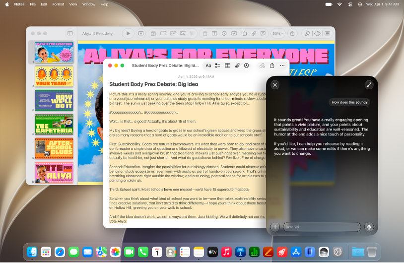 A Mac showing Siri proofreading and giving feedback on text.
