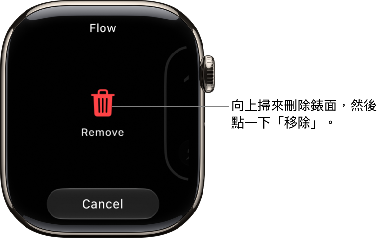 Apple&nbsp;Watch 畫面顯示「移除」和「取消」按鈕，其會在你輕掃至錶面然後向上掃來刪除錶面時出現。