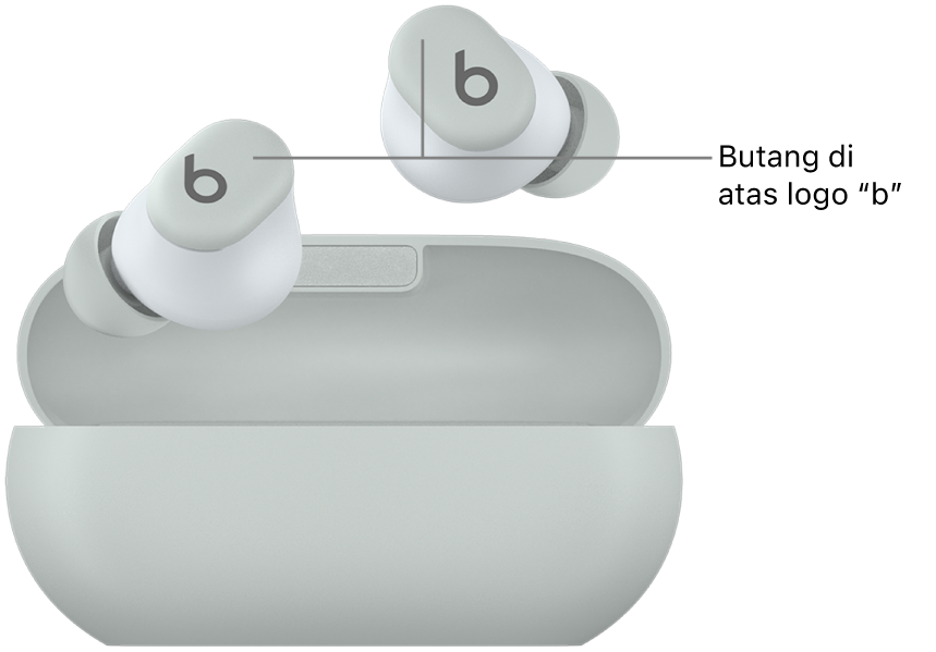 Imej Beats&nbsp;Solo&nbsp;Buds menunjukkan lokasi butang di atas logo “b” pada bud telinga.