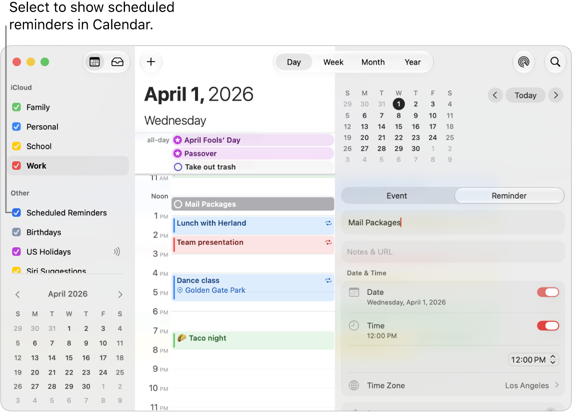 A Calendar window in Day view showing the calendar list and the selected Scheduled Reminders checkbox. The Day schedule shows events and a scheduled reminder with the add reminders area on the right.