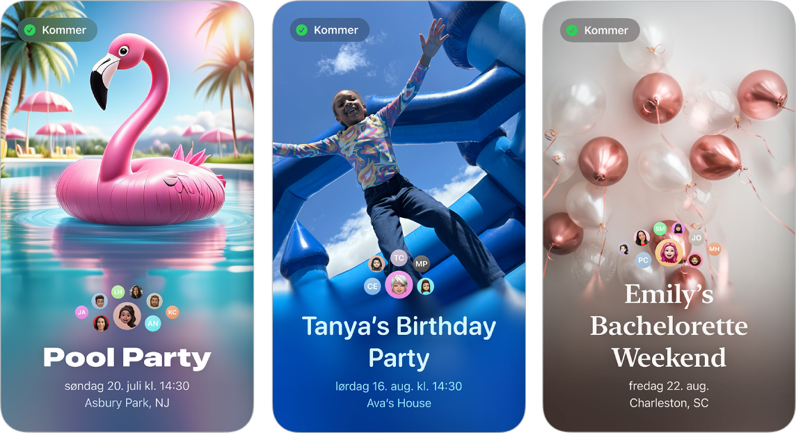 Tre invitasjoner fra Apple Invitasjoner. Hver av dem har et bakgrunnsbilde, et navn, en dato, et klokkeslett og et sted.