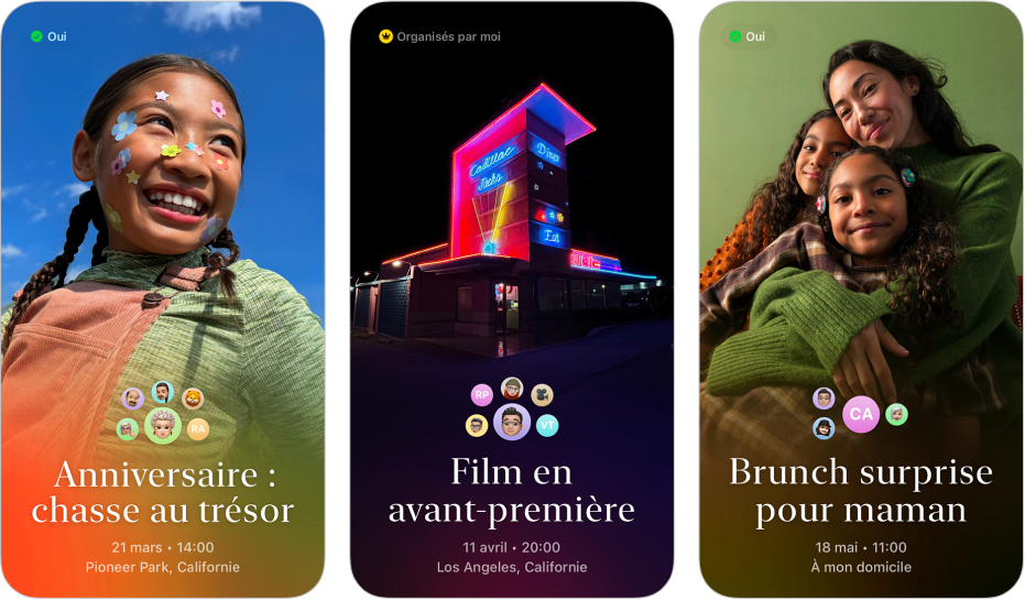 Trois invitations créées avec Apple Invitations. Chacune d’elles comprend une photo d’arrière-plan, un nom, une date, une heure et un lieu.