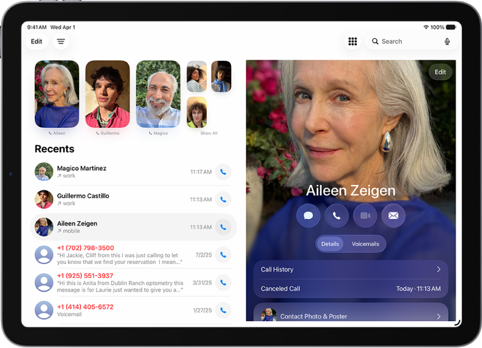 L’app Téléphone, avec les contacts favoris sur la gauche de l’écran. Sous les favoris se trouve la liste des appels et des messages de la messagerie récents. Les coordonnées s’affichent sur la droite de l’écran, avec le bouton Clavier en haut à droite de l’écran.