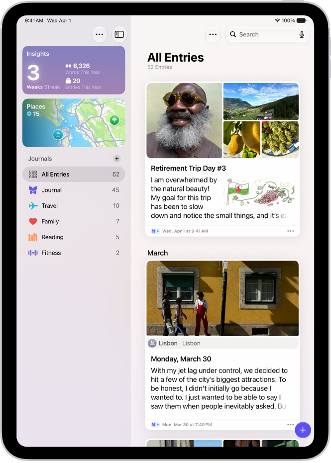 A screen in the Journal app showing journal entries with the Search button at the top right.