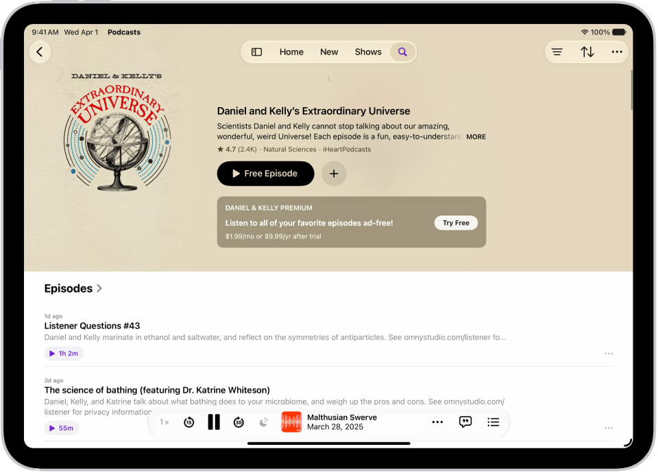 Eine Sendungsseite in der App „Podcasts“ zeigt zwei Folgen mit den dazugehörigen Zusammenfassungen und den Mini-Player unten.