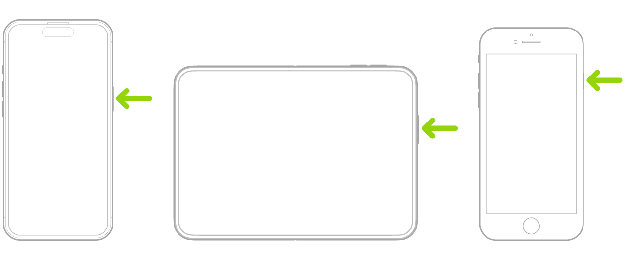 Une flèche verte pointe vers le bouton situé à droite sur trois modèles d’iPhone différents.