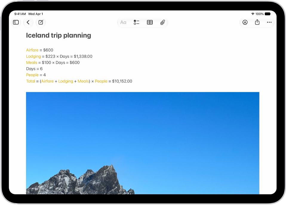 A note for planning a trip, with a calculation of the travel expenses and a photo.