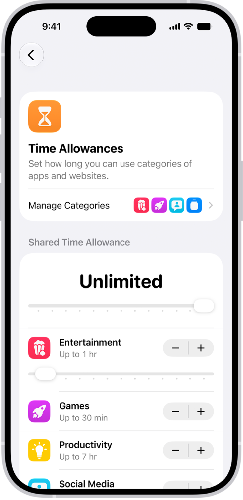 A Time Allowances screen in Screen Time settings showing time allowed for categories like Games, Entertainment, and Productivity.