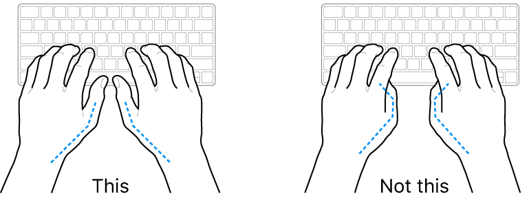Hands positioned over a keyboard, showing correct and incorrect placement of thumbs.