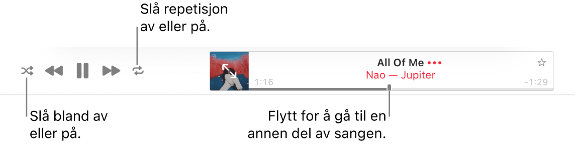 Toppen av Apple Music med en låt som spilles av. Avspillingskontrollene er helt til venstre. Bland-knappen er til venstre for avspillingskontrollene og Repeter-knappen er til høyre for kontrollene. Flytt spillehodet for å gå til en annen del av låten.