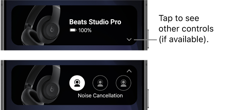 The first image shows the Beats app widget displaying connected Beats&nbsp;Studio&nbsp;Pro headphones and a button to display other controls; the second image shows the Noise Cancellation controls in the widget.