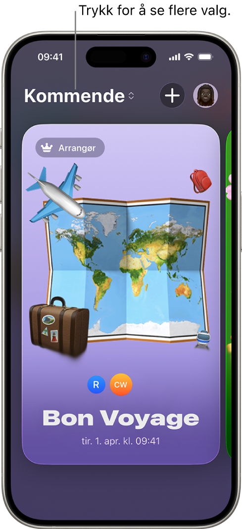 En skjerm i Invitasjoner-appen viser et kommende arrangement.