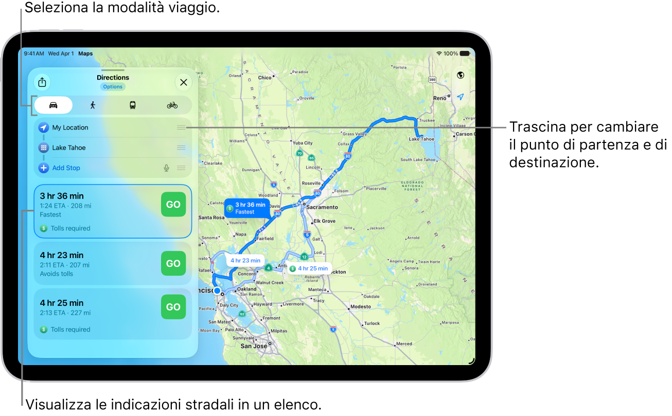 Una mappa, con diversi itinerari possibili tra la posizione attuale e la destinazione scelta in auto.