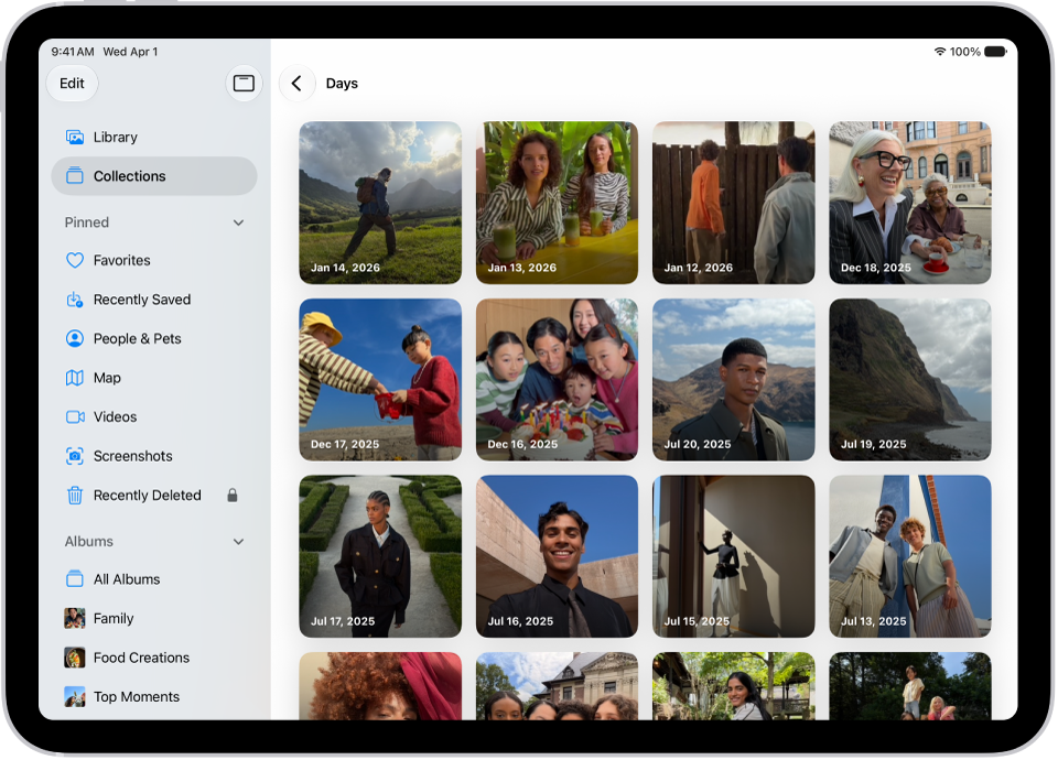 Days collection is open in the Photos app, showing collections of photos from each day arranged in a grid.
