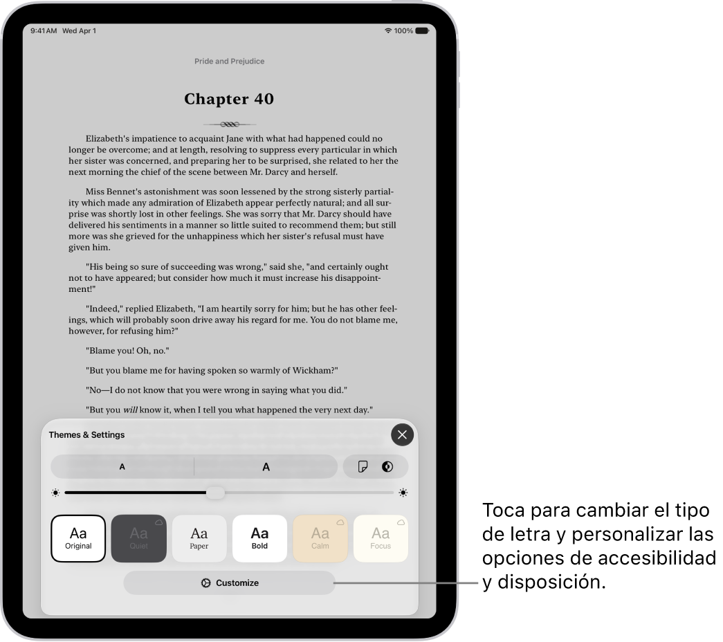 Página de un libro en la app Libros. Las opciones de temas y ajustes con los controles de tamaño de la letra, la vista del desplazamiento, el estilo al pasar de página, el brillo y los estilos del tipo de letra.