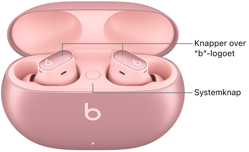 Billede af Beats Studio&nbsp;Buds&nbsp;+, der viser placeringen af knapperne over “b”-logoet på øretelefonerne og placeringen af systemknappen i opladningsetuiet.