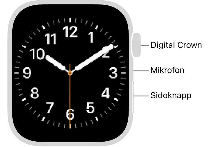 Framsidan på Apple&nbsp;Watch Series&nbsp;9. Skärmen visar urtavlan och på sidan av klockan, uppifrån och ned, finns Digital&nbsp;Crown, mikrofonen och sidoknappen.