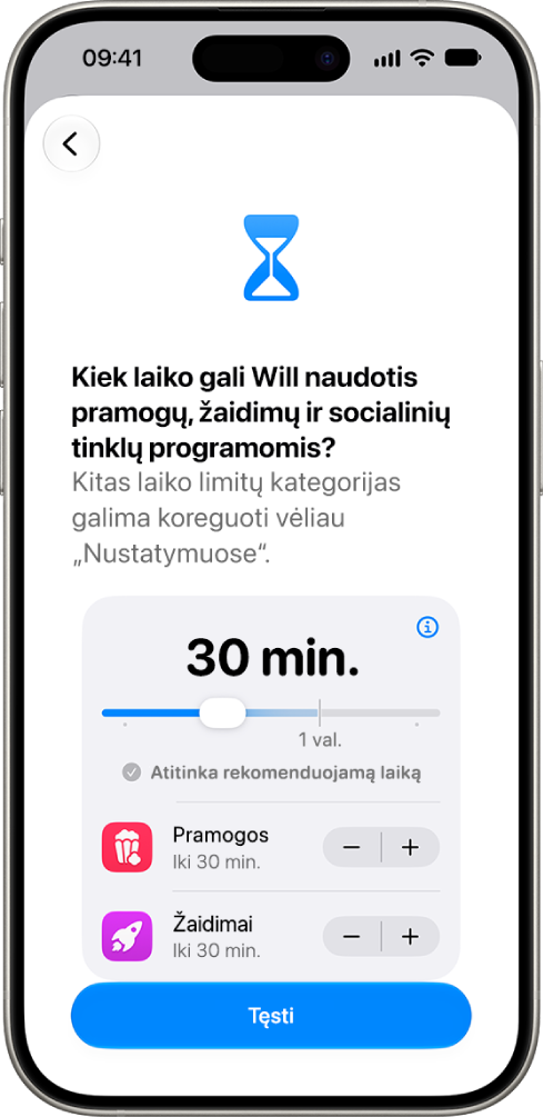 Tėvų kontrolės priemonių nustatymo ekranas, kuriame rodomas leidžiamas laikas programų kategorijose, pvz., „Socialiniai tinklai“ ir „Pramogos“.