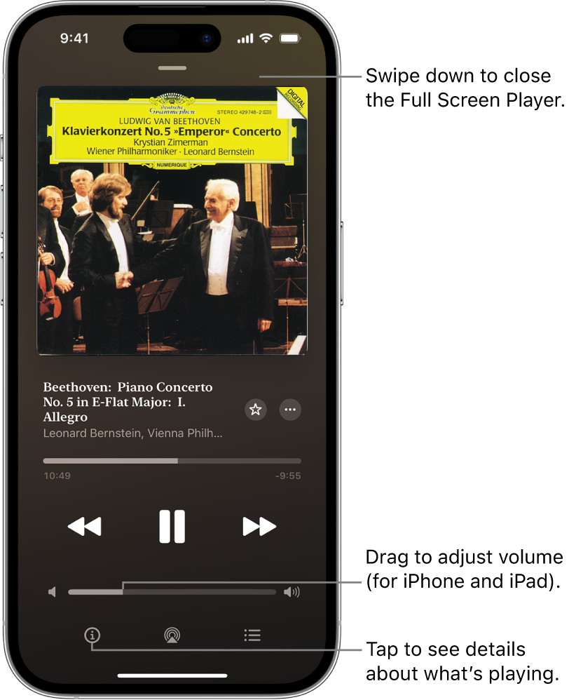 An iPhone showing the Now Playing screen in Apple Music Classical. At the top of the screen is a gray bar that you tap to hide the Now Playing screen and switch back to the MiniPlayer. Beneath the bar is album art, the name of the work, and the timeline, which shows the length of the track and how much time has elapsed. In the lower part of the screen are the Skip Backward, Pause, and Skip Forward buttons, the volume control, and the Info, AirPlay, and Playing Next buttons.