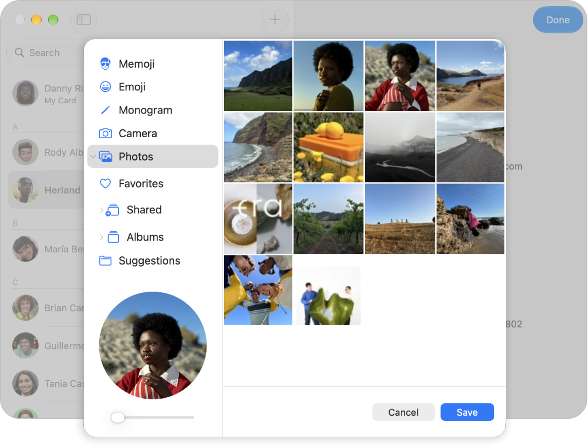 The picture chooser in Contacts, with options for Memoji, Emoji, Monogram, Camera, and Photos, and a preview of the selected picture.