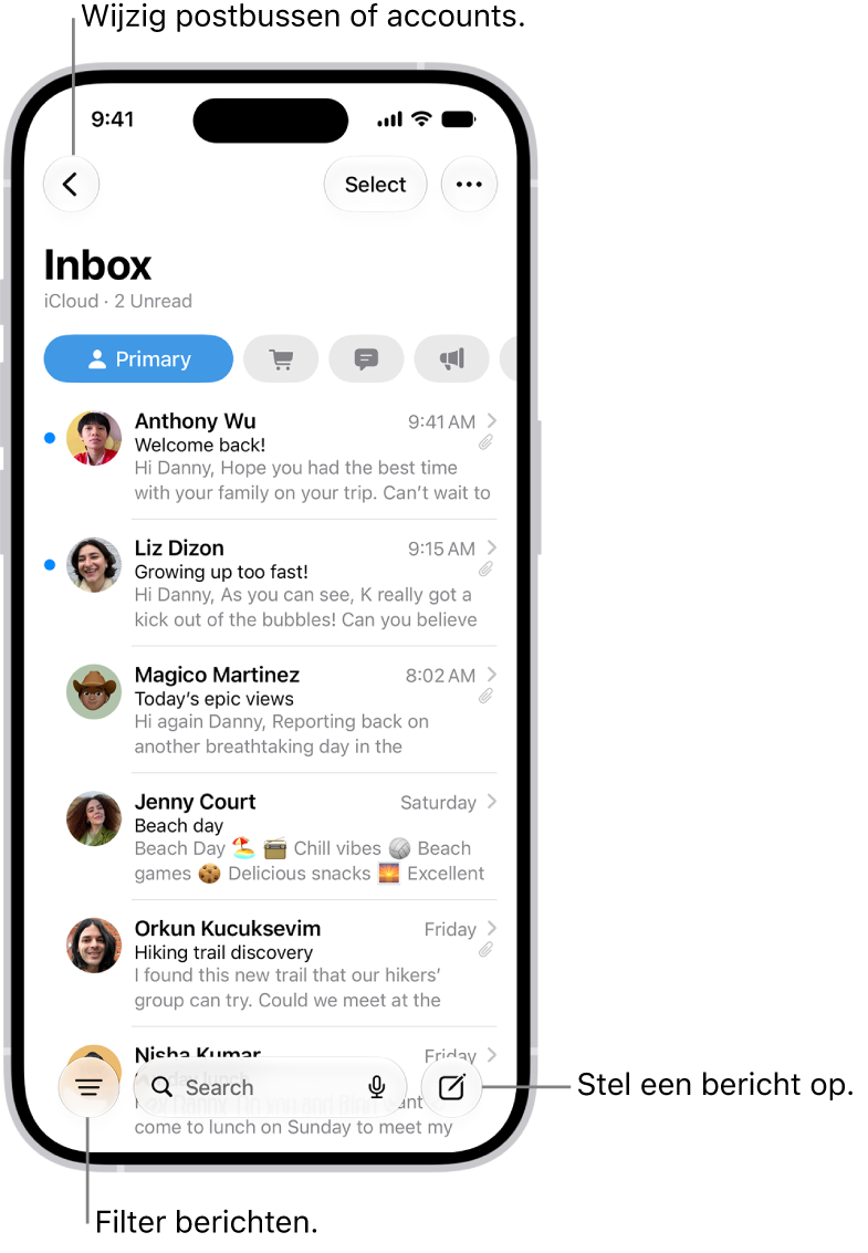 De postbus 'Inkomend' van Mail met een lijst met e‑mails.