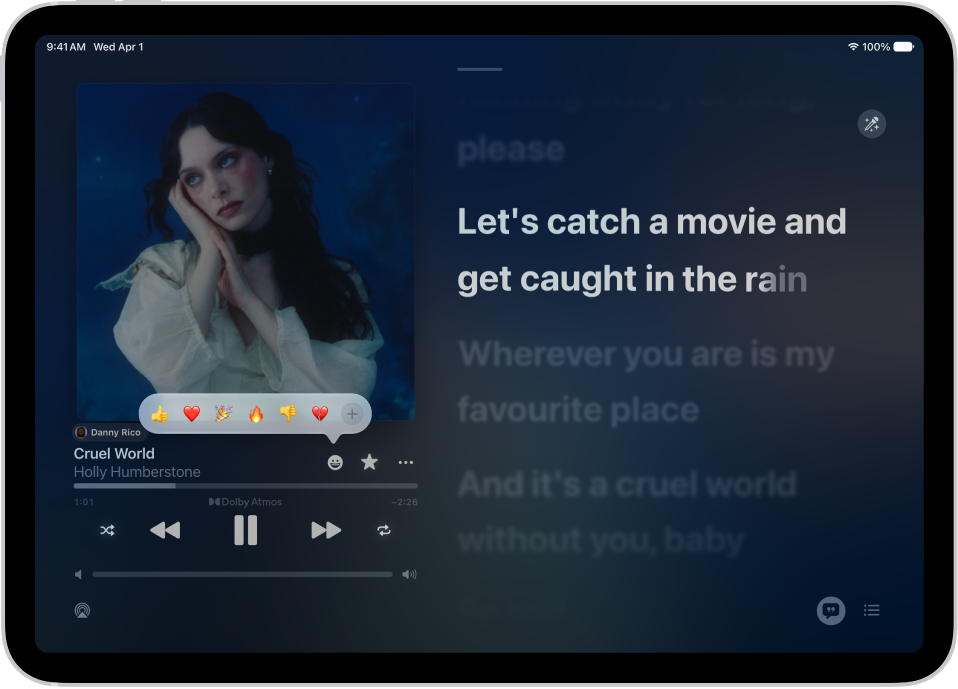 The Now Playing screen with the Reactions button showing several emoji and an Add button that you can click to find more emoji.