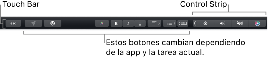 Touch&nbsp;Bar en la parte superior del teclado, mostrando la Control Strip contraída a la derecha y botones que varían según la app o tarea.