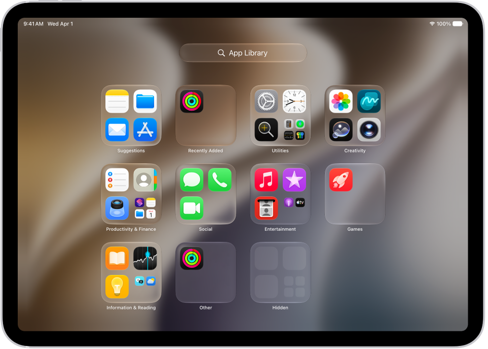 La bibliothèque d’apps sur l’iPad montrant les apps organisées par catégorie (Divertissement, «&nbsp;Productivité et finances&nbsp;», etc.).