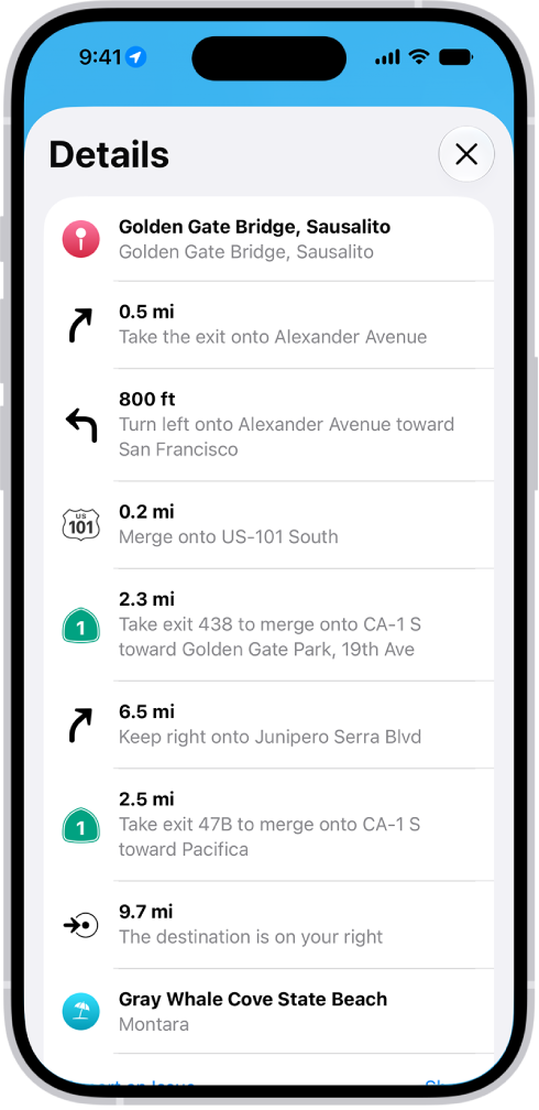 A route’s turn-by-turn directions shown in a list.