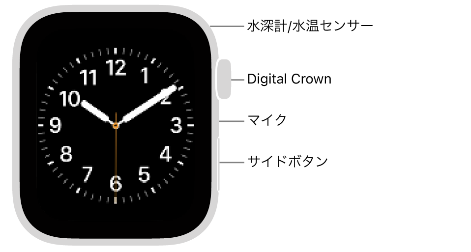 Apple Watch SE 3の前面で、ディスプレイに文字盤が表示され、側面には上から順にDigital Crown、マイク、サイドボタンがあります。