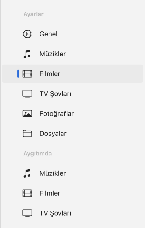 Filmler’i seçili olarak gösteren kenar çubuğu.