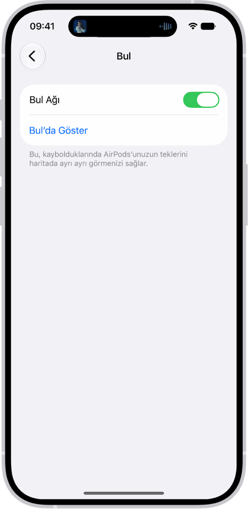 iPhone’da AirPods&nbsp;Pro seçeneklerini gösteren Bluetooth ayarları. AirPods kaybolduğunda kulaklıkların bir haritada tek tek bulunmasına izin veren Bul ağı seçeneği açık.