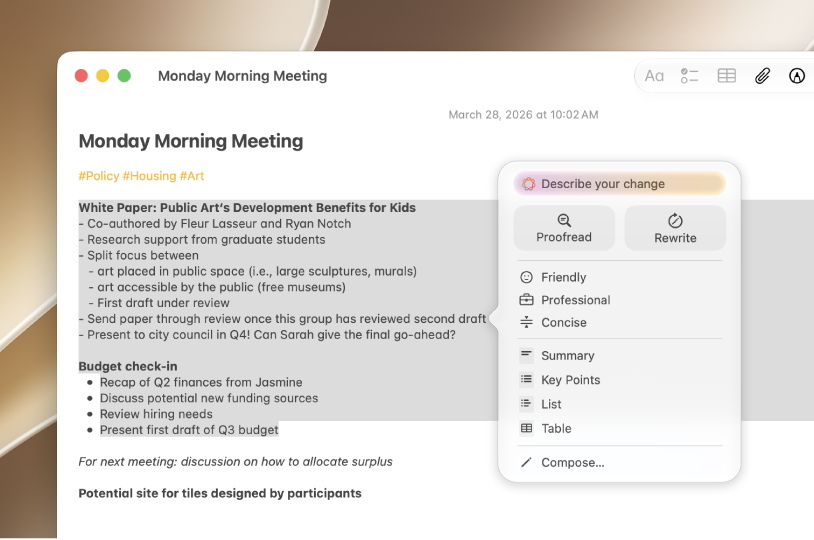 O diálogo das Ferramentas de Escrita com um campo “Descreva sua alteração” na parte superior. As opções das Ferramentas de Escrita aparecem abaixo.