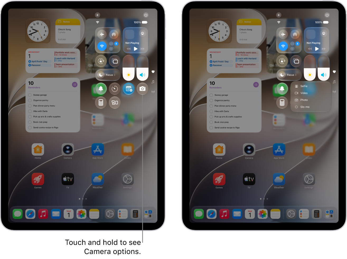 The iPad Control Center. Controls for Airplane Mode, cellular data, Wi-Fi, and Bluetooth are in the top-left group in Control Center for Wi-Fi + Cellular iPad models. The Camera control is at the bottom right of Control Center. The screen on the right shows the quick menu of options that appear when you touch and hold the Camera control.