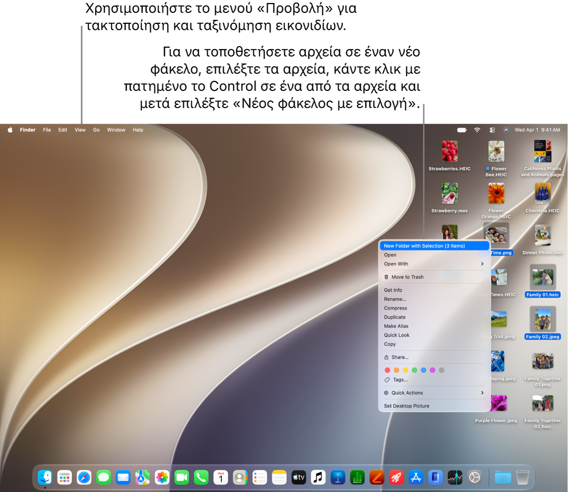 Το γραφείο εργασίας Mac όπου εμφανίζεται η ταπετσαρία, η γραμμή μενού στο πάνω μέρος και το Dock στο