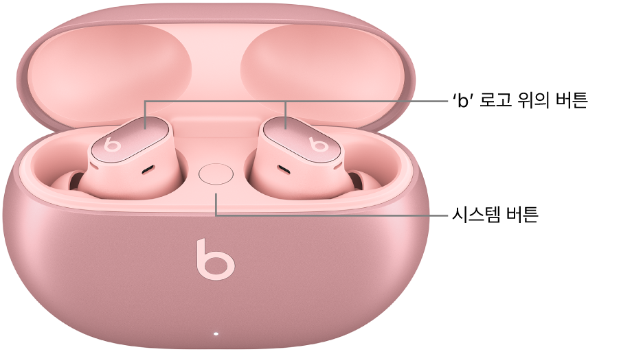 이어버드에 있는 ‘b’ 로고 위의 버튼 위치 및 충전 케이스 안의 시스템 버튼의 위치가 표시된 Beats Studio&nbsp;Buds&nbsp;+의 이미지.