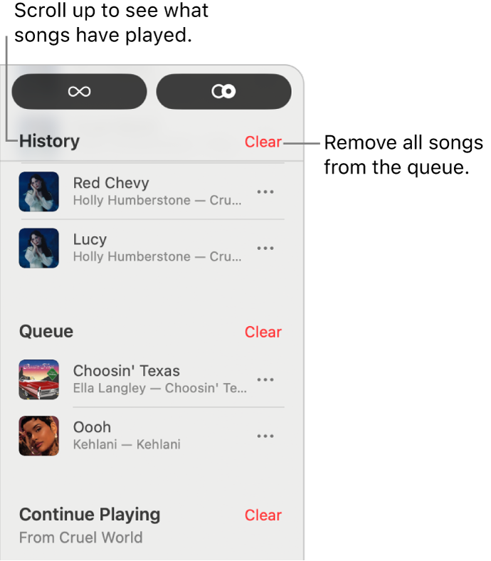 The top-right corner of Apple Music, showing the queue.